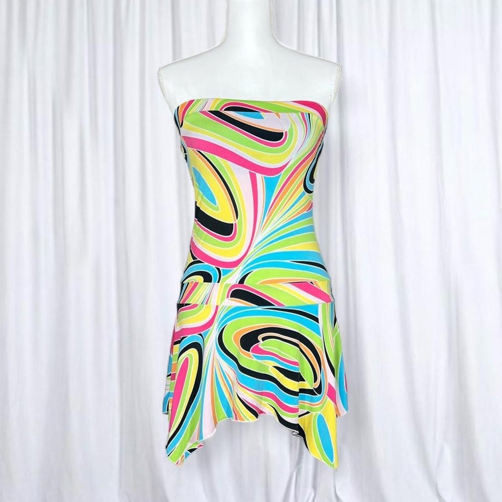 No Boundaries Y2K Psychedelic Rainbow Swirl Strapless Handkerchief Hem Dress